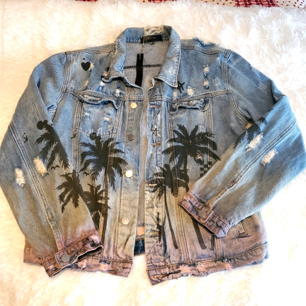 AMIRI Denim trucker jean jacket palm trees NWT sz XXL